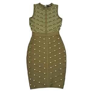 Hera Collection Studded Sexy Illusion  Mesh Bandage Bodycon Small Army Green